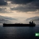 Oil tanker sailing through the Strait of Hormuz at dawn.