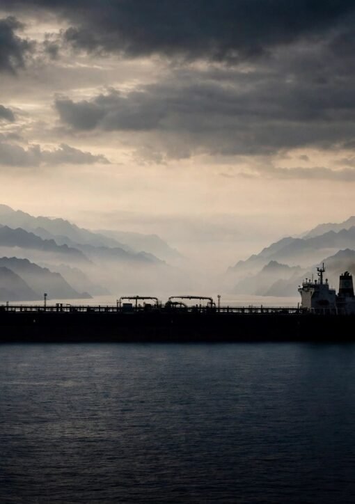 Oil tanker sailing through the Strait of Hormuz at dawn.