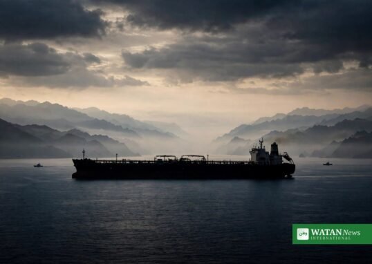 Oil tanker sailing through the Strait of Hormuz at dawn.
