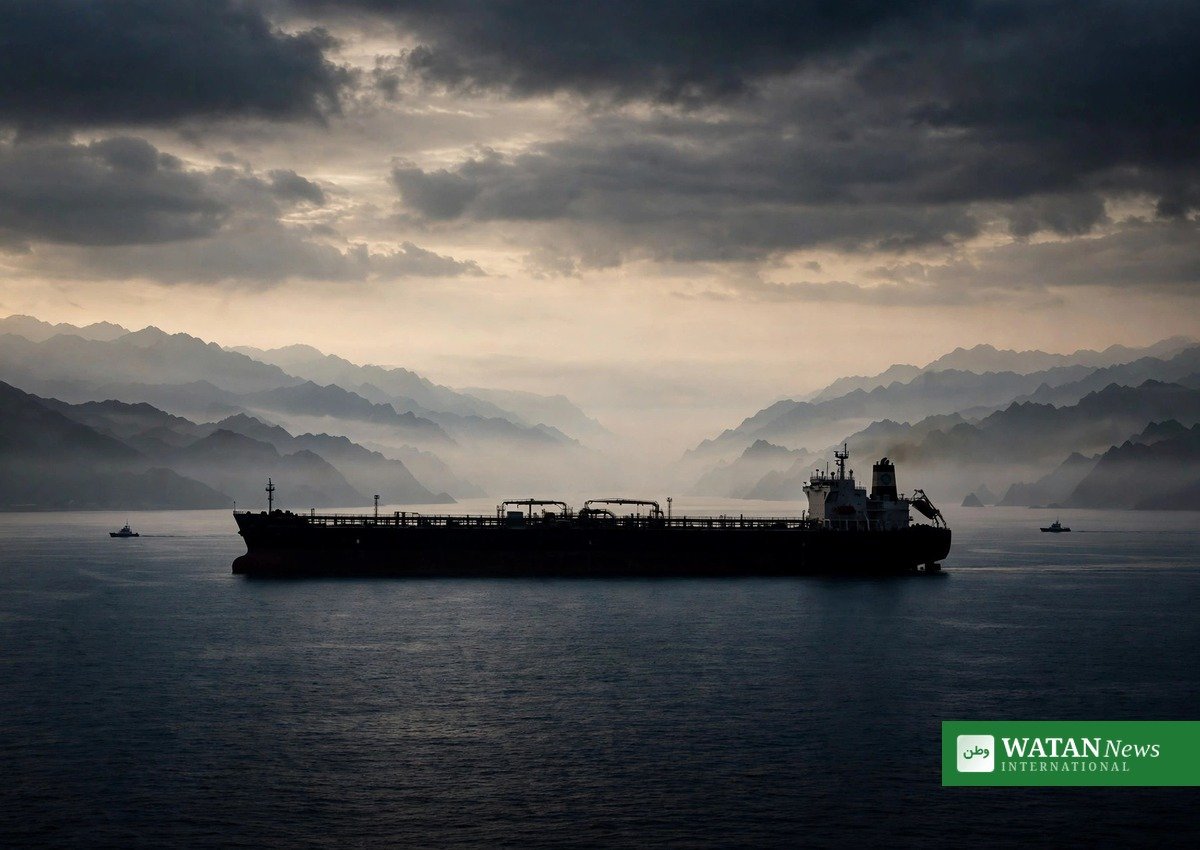 Oil tanker sailing through the Strait of Hormuz at dawn.