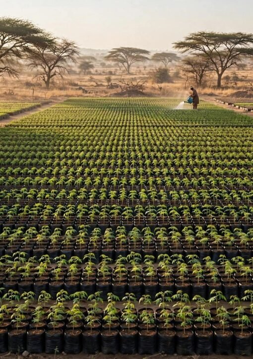 Thousands of Great Green Wall seedlings in a NAGGW nursery in Jigawa, Nigeria