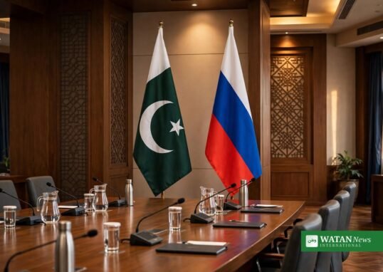 Flags of Pakistan and Russia in a meeting room ahead of the Islamabad security talks