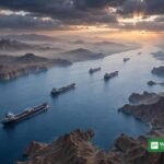 Oil tankers sailing through the Strait of Hormuz at dawn