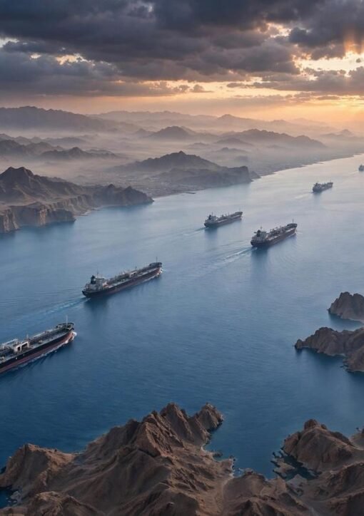 Oil tankers sailing through the Strait of Hormuz at dawn