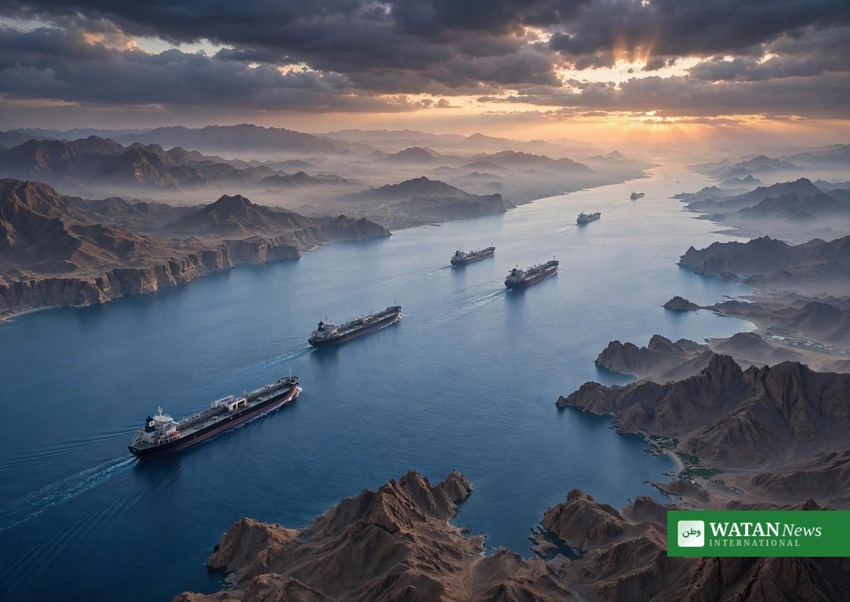 Oil tankers sailing through the Strait of Hormuz at dawn