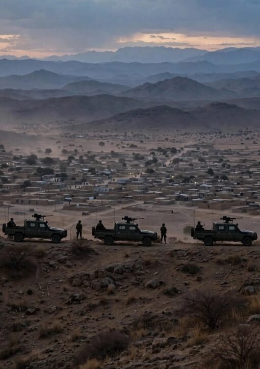 Ethiopian military patrol vehicles near the Ethiopia-Eritrea border town of Zalambessa