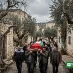 Mourners carry the coffin of Mashhour Yassin, draped in a Palestinian flag, at his funeral in Yasuf, West Bank