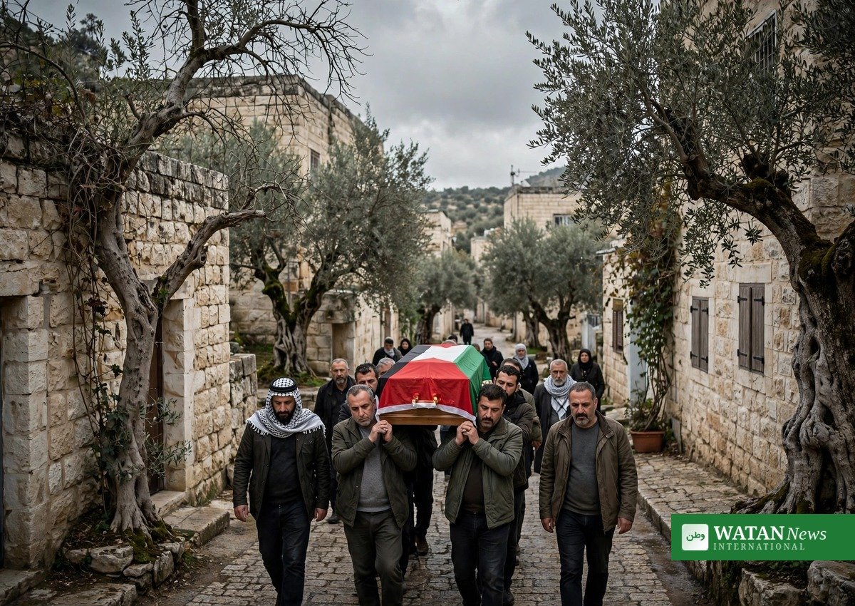 Mourners carry the coffin of Mashhour Yassin, draped in a Palestinian flag, at his funeral in Yasuf, West Bank