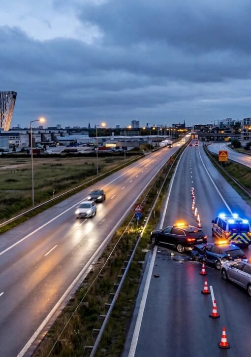 Tre biler involveret i Øresundsmotorvejen uheld — redningsmandskab og kegler ved Ørestad i aftentrafikken
