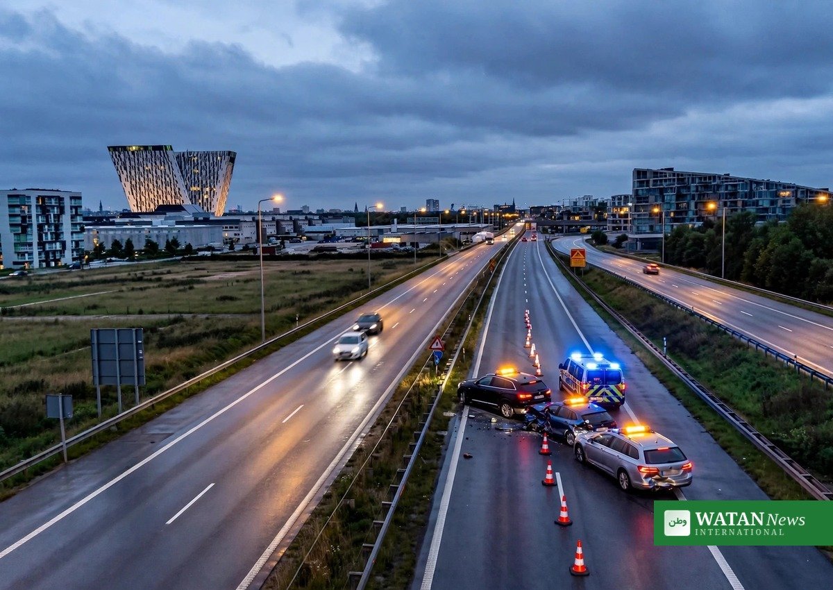 Tre biler involveret i Øresundsmotorvejen uheld — redningsmandskab og kegler ved Ørestad i aftentrafikken