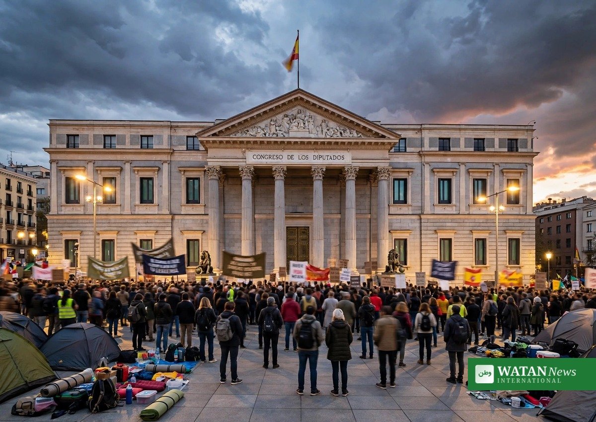 Boligkrise Spanien: Demonstranter og telte foran parlamentet i Madrid – regeringens boligdekreter afvist med 178 mod 172 stemmer (illustrationsfoto)