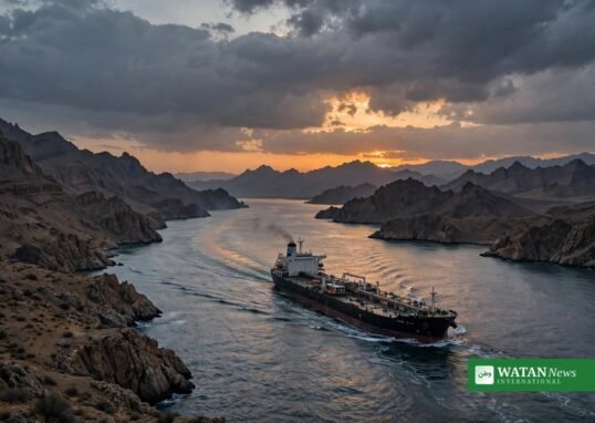 Oil tanker transiting the Strait of Hormuz at dusk — Iran says there is no military solution to the war with the US