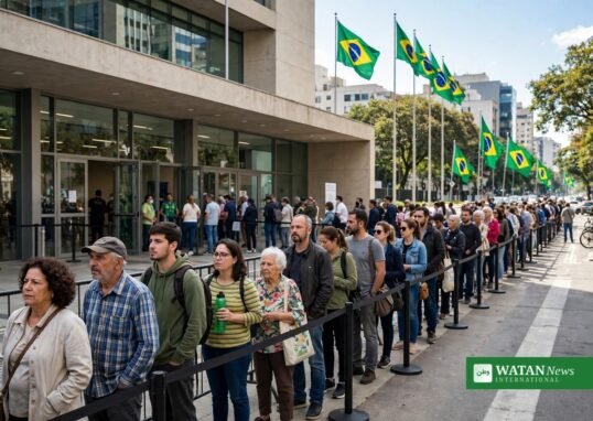 Brasilianske vælgere står i kø ved et valgsted under Brasiliens præsidentvalg