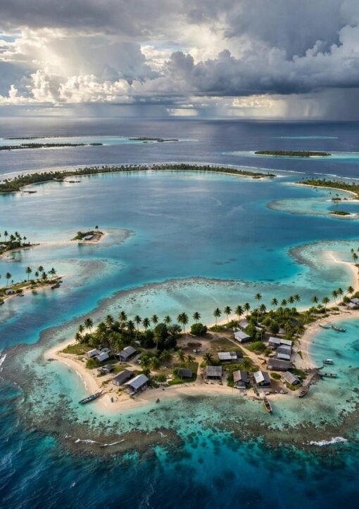 Aerial view of a low-lying Pacific atoll near Fiji at the centre of the pre-COP31 Fiji climate talks