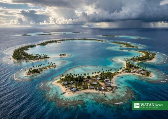 Aerial view of a low-lying Pacific atoll near Fiji at the centre of the pre-COP31 Fiji climate talks