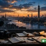 Anholdte journalister i Egypten: Kairo skyline ved Nilen ved skumring set fra et nyhedsredaktions skrivebord med mikrofon og kamera