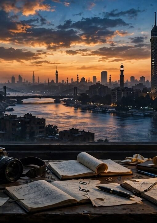 Anholdte journalister i Egypten: Kairo skyline ved Nilen ved skumring set fra et nyhedsredaktions skrivebord med mikrofon og kamera