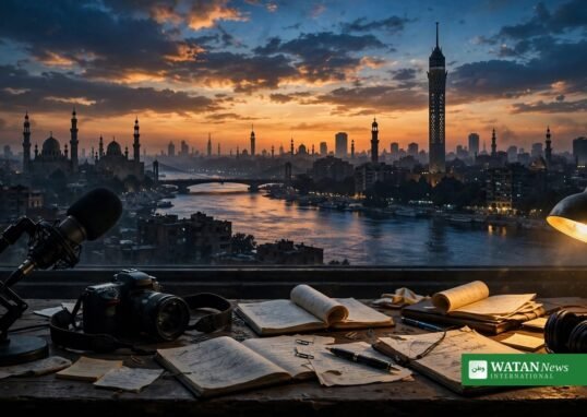 Anholdte journalister i Egypten: Kairo skyline ved Nilen ved skumring set fra et nyhedsredaktions skrivebord med mikrofon og kamera