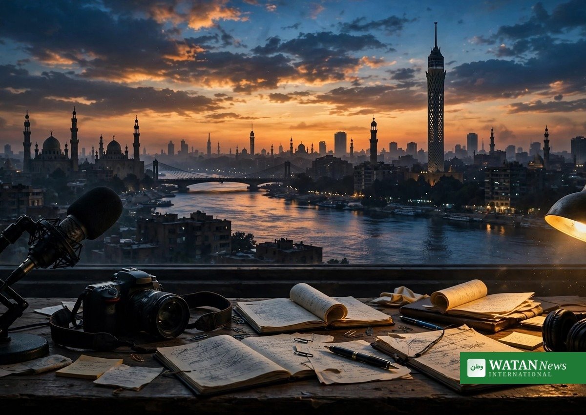 Anholdte journalister i Egypten: Kairo skyline ved Nilen ved skumring set fra et nyhedsredaktions skrivebord med mikrofon og kamera
