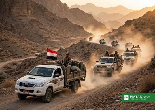 Yemen military operation: Yemeni government military convoy with the national flag moving through mountain terrain (illustration)