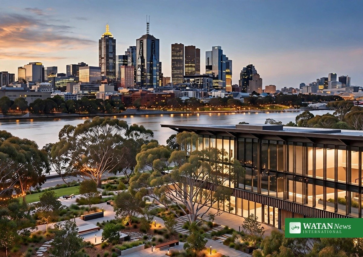 Melbourne skyline and university campus at dusk; the alleged flydubai co-pilot Hammam al-Hammami studied engineering at RMIT University here between 2015 and 2017 without completing his qualification (illustration)