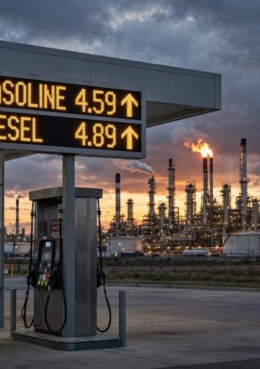 Tankstation med stigende benzinpriser og dieselpriser ved et raffinaderi – Trump Ukraine benzinpriser