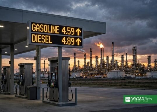 Tankstation med stigende benzinpriser og dieselpriser ved et raffinaderi – Trump Ukraine benzinpriser