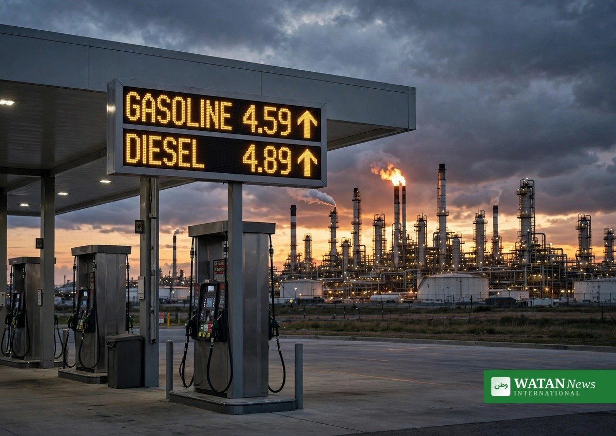 Tankstation med stigende benzinpriser og dieselpriser ved et raffinaderi – Trump Ukraine benzinpriser