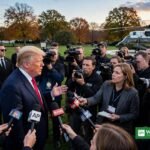 President Donald Trump speaks to reporters on the White House South Lawn as his approval rating hits a record low