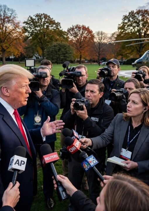 President Donald Trump speaks to reporters on the White House South Lawn as his approval rating hits a record low