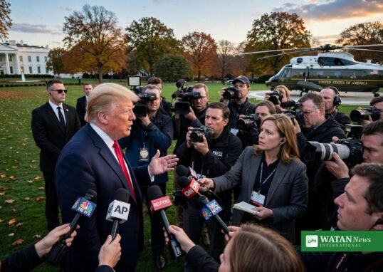 President Donald Trump speaks to reporters on the White House South Lawn as his approval rating hits a record low