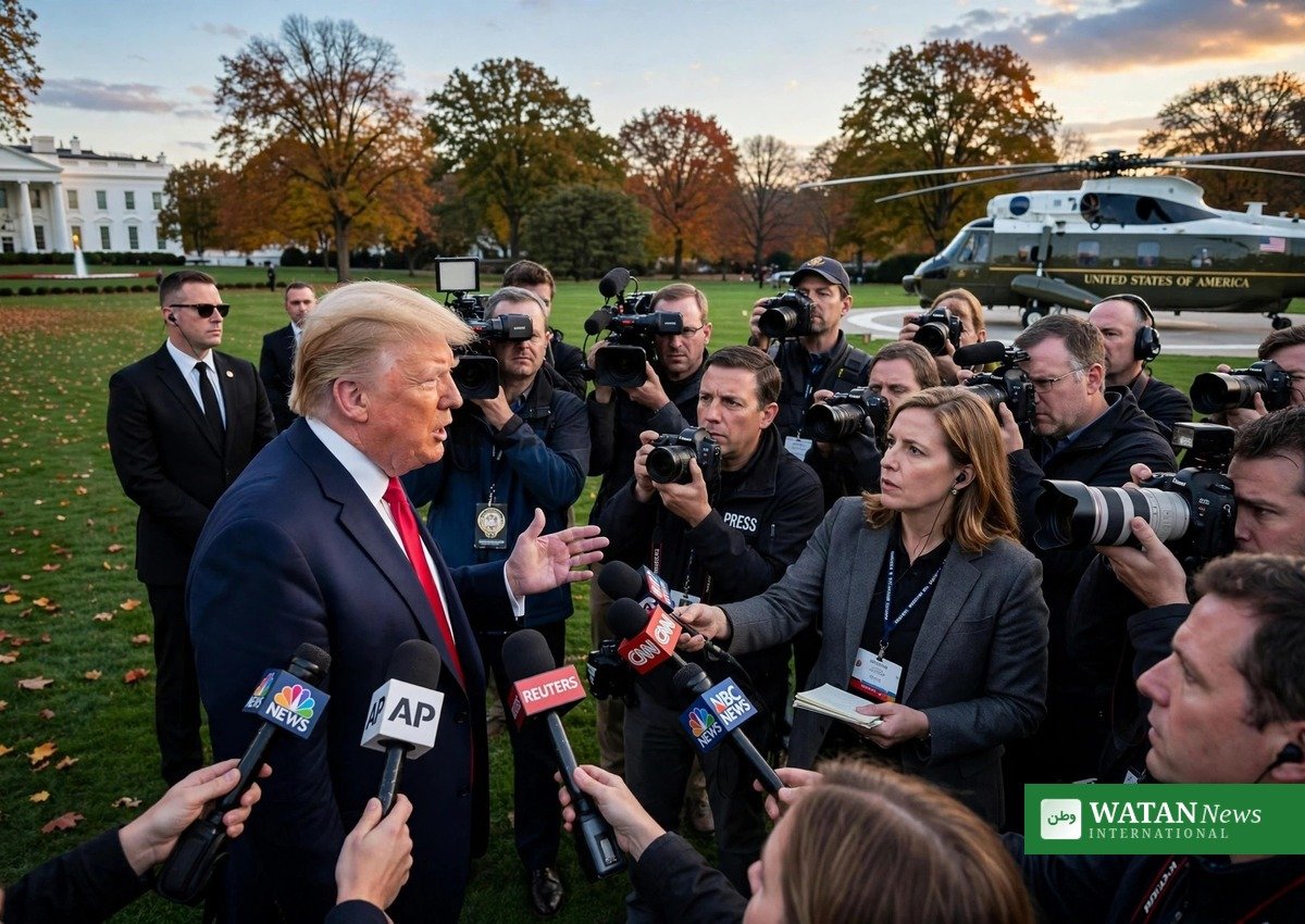 President Donald Trump speaks to reporters on the White House South Lawn as his approval rating hits a record low
