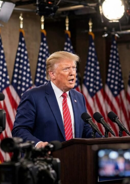 Donald Trump at a podium with American flags and TV cameras amid the taxpayer-funded ads controversy