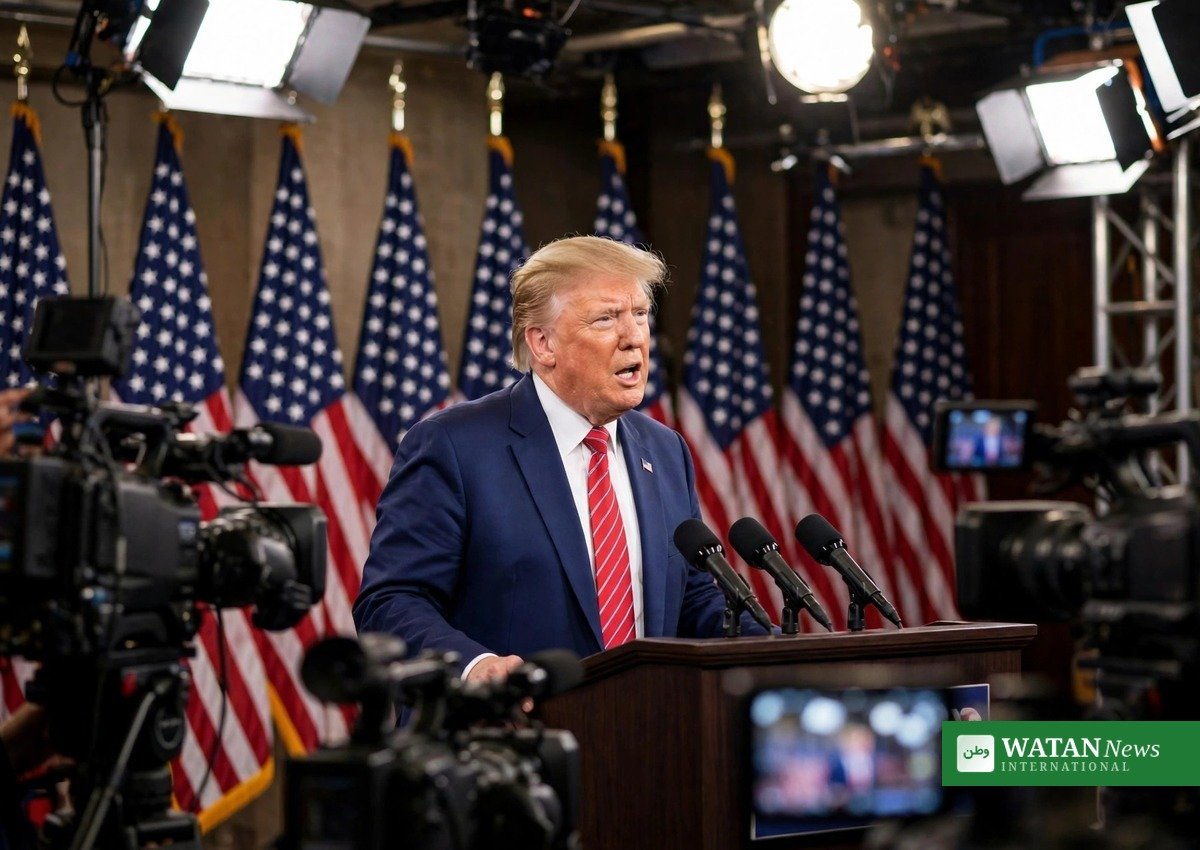 Donald Trump at a podium with American flags and TV cameras amid the taxpayer-funded ads controversy
