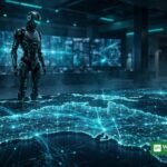 Glowing AI robot over a digital map of Australia — OpenAI Australian government hack hearing in Sydney