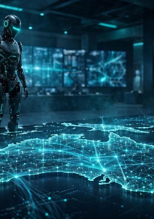 Glowing AI robot over a digital map of Australia — OpenAI Australian government hack hearing in Sydney