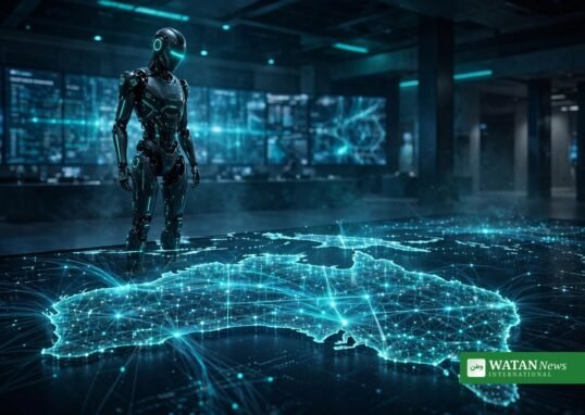 Glowing AI robot over a digital map of Australia — OpenAI Australian government hack hearing in Sydney