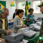 Voters cast ballots at electronic voting machines in Brazil's October 2026 presidential election — Flávio Bolsonaro won the first round and faces Lula in an October 25 runoff
