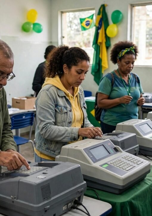 Voters cast ballots at electronic voting machines in Brazil's October 2026 presidential election — Flávio Bolsonaro won the first round and faces Lula in an October 25 runoff