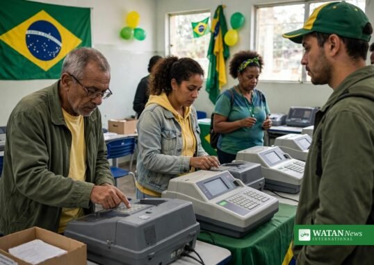 Voters cast ballots at electronic voting machines in Brazil's October 2026 presidential election — Flávio Bolsonaro won the first round and faces Lula in an October 25 runoff