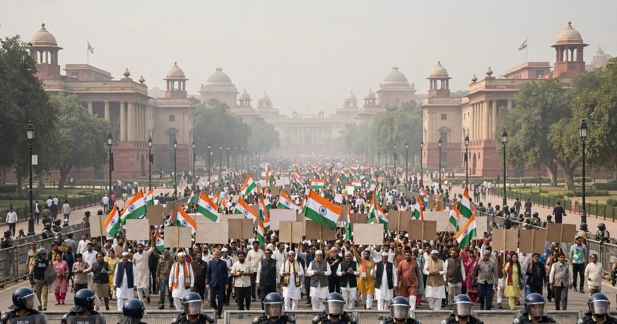 Rahul Gandhi anholdt – INDIA-blokkens protestmarch mod valgkommissionen i New Delhi (illustrationsbillede)