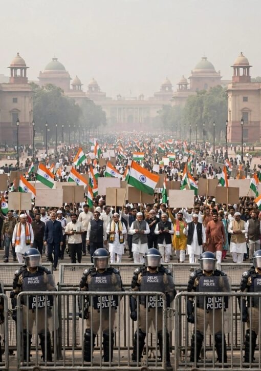 Rahul Gandhi anholdt – INDIA-blokkens protestmarch mod valgkommissionen i New Delhi (illustrationsbillede)
