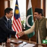 ملائیشیا کے قونصل جنرل محمد یونس ابراہیم اور اسپیکر سندھ اسمبلی سید آویس قادر شاہ کے درمیان ملاقات میں مصافحہ — قونصل جنرل ملائیشیا سندھ اسمبلی ملاقات