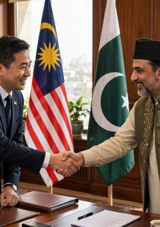 ملائیشیا کے قونصل جنرل محمد یونس ابراہیم اور اسپیکر سندھ اسمبلی سید آویس قادر شاہ کے درمیان ملاقات میں مصافحہ — قونصل جنرل ملائیشیا سندھ اسمبلی ملاقات