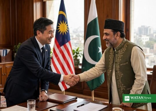 ملائیشیا کے قونصل جنرل محمد یونس ابراہیم اور اسپیکر سندھ اسمبلی سید آویس قادر شاہ کے درمیان ملاقات میں مصافحہ — قونصل جنرل ملائیشیا سندھ اسمبلی ملاقات