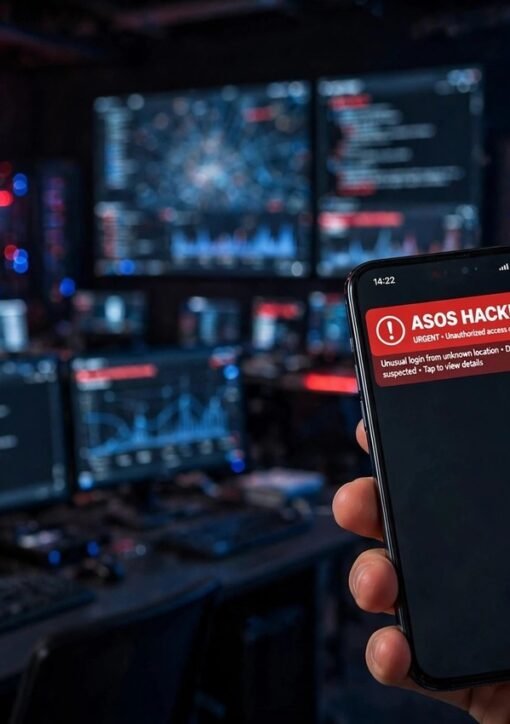 ASOS hacket – rød 'ASOS HACKED' push-notifikation på en smartphone