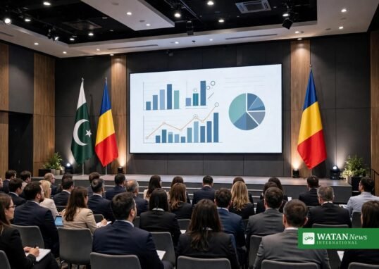Pakistan-Romania Business Forum 2026: delegates at the CCIR conference hall in Bucharest with Pakistani and Romanian flags
