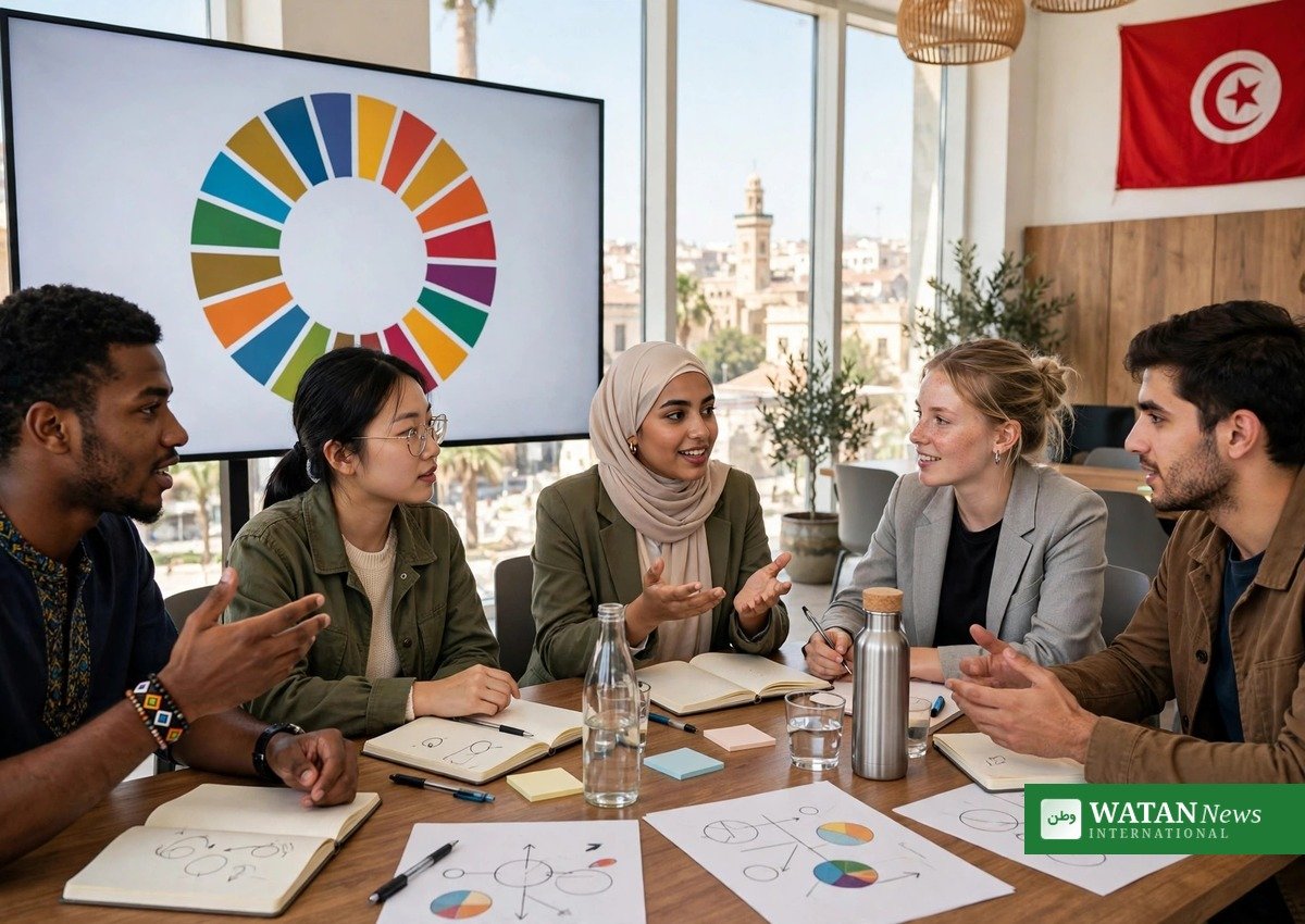 Global Sustainability Forum 2026: SDG roundtable with Tunisian flag at Tunis graduation ceremony