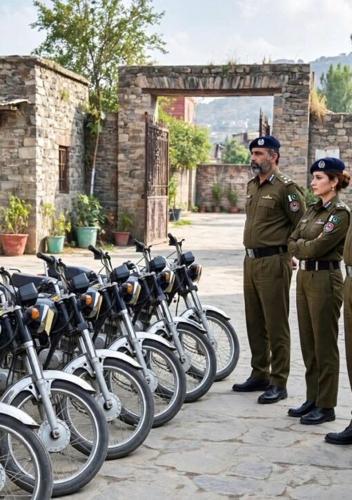 ICT Police officers with recovered stolen motorcycles after the arrest of two alleged Sheru Gang members in Islamabad