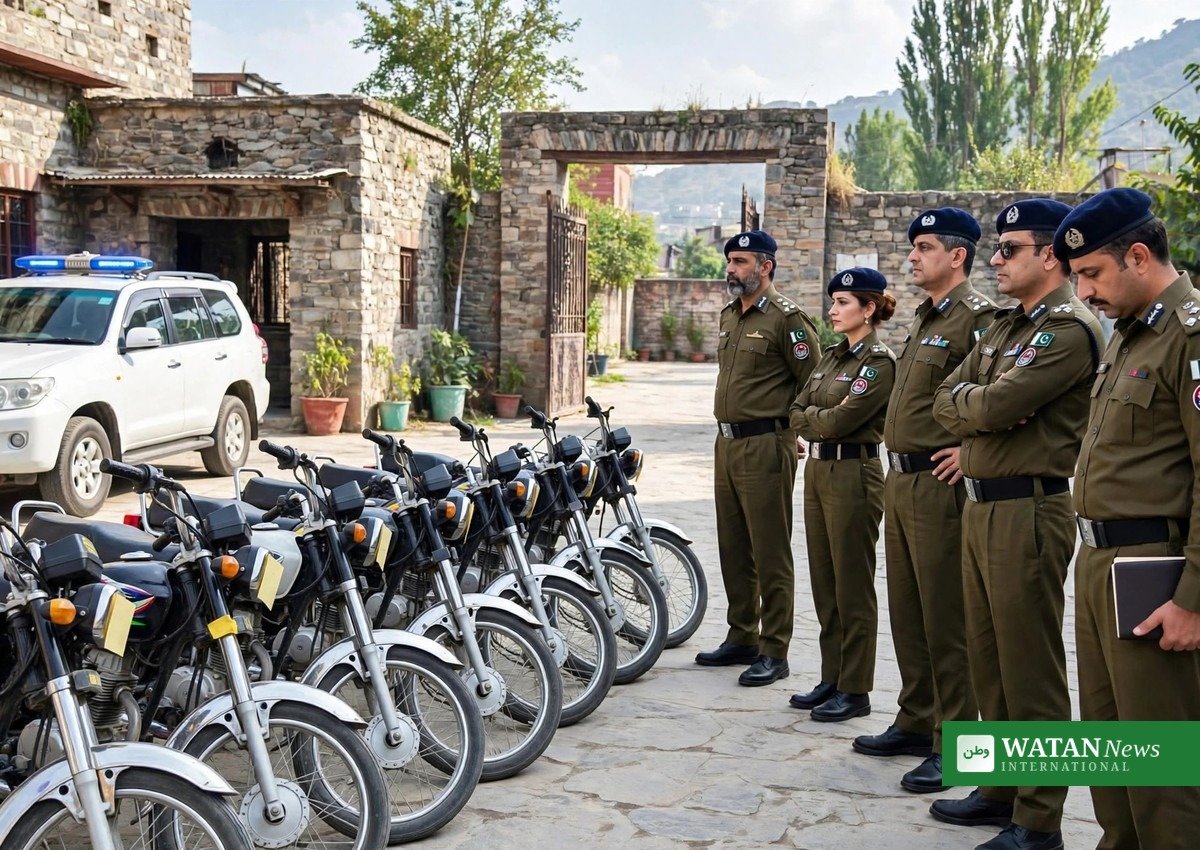 ICT Police officers with recovered stolen motorcycles after the arrest of two alleged Sheru Gang members in Islamabad